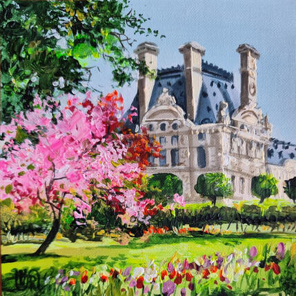 Painting Tuileries garden spring by Rasa | Painting Figurative Acrylic Urban