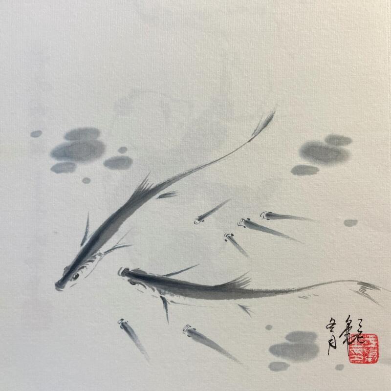 Peinture Fish family par Yu Huan Huan | Tableau Figuratif Animaux Encre