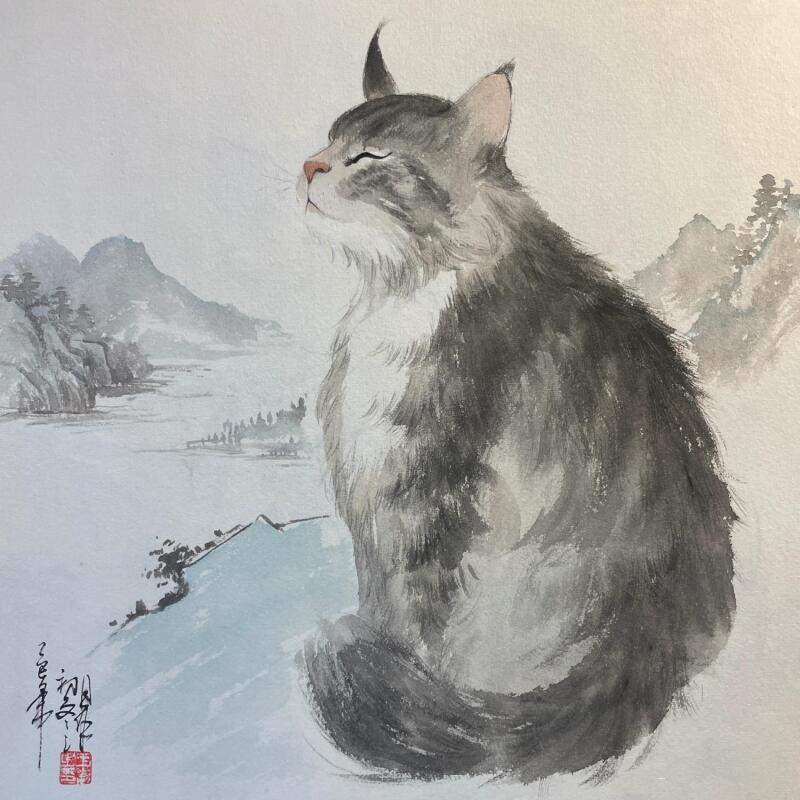 Painting Cat  3 by Yu Huan Huan | Painting Figurative Animals Ink