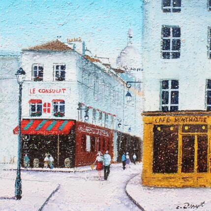 Peinture Le consulat et le café Montmartre par Dessapt Elika | Tableau Impressionnisme Acrylique, Sable