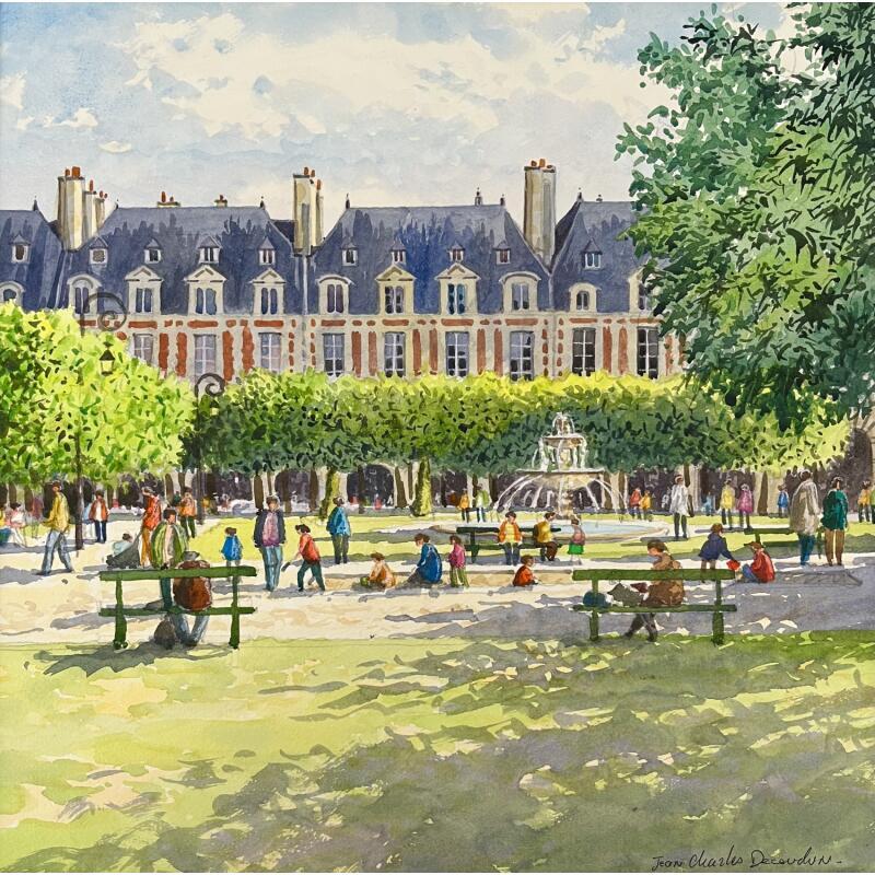 Painting La place des Vosges by Decoudun Jean charles | Painting Figurative Urban Watercolor
