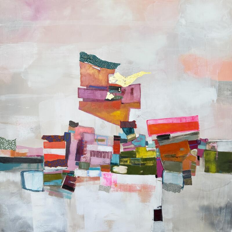 Painting Plénitude d'un matin d'été by Lau Blou | Painting Abstract Cardboard Acrylic Gluing Pastel Gold leaf