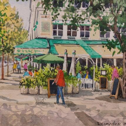 Peinture Café au pont Louis Philippe par Decoudun Jean charles | Tableau Figuratif Aquarelle Urbain