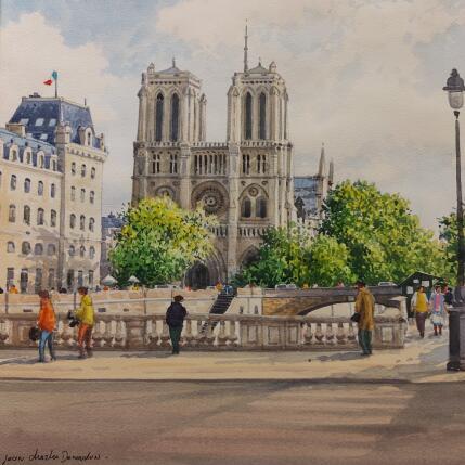 Peinture La cathédrale Notre Dame par Decoudun Jean charles | Tableau Figuratif Aquarelle Urbain