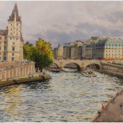 Peinture Paris, le pont St Michel par Decoudun Jean charles | Tableau Figuratif Aquarelle Urbain