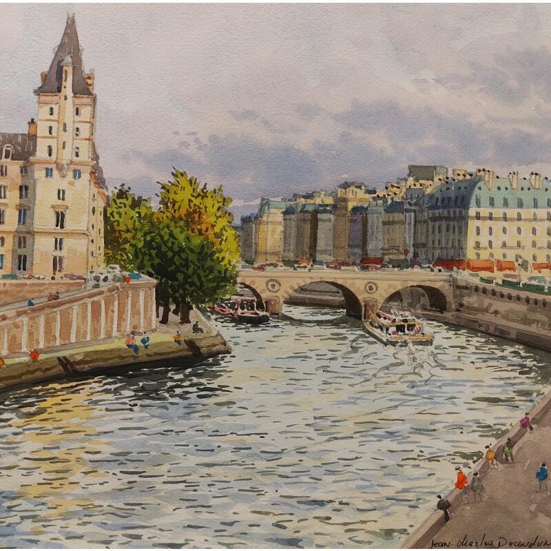 Peinture Paris, le pont St Michel par Decoudun Jean charles | Tableau Figuratif Urbain Aquarelle