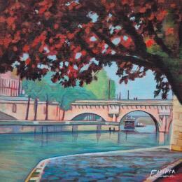 Peinture L'Arbre et le Quai par Emma Fischer | Tableau Figuratif Acrylique Architecture, Paysages, Urbain