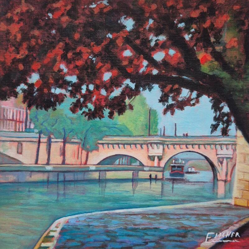 Peinture L'Arbre et le Quai par Emma Fischer | Tableau Figuratif Paysages Urbain Architecture Acrylique