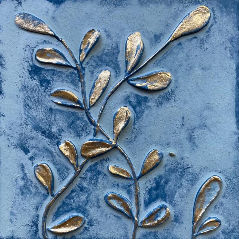 Painting Petites fougères dorées sur fond bleu 1 by Trébucq Marion  | Painting Figurative Nature Acrylic Pigments