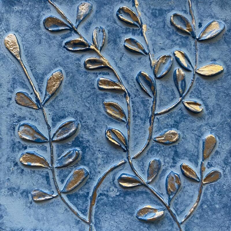 Painting Petites fougères dorées sur fond bleu 2 by Trébucq Marion  | Painting Figurative Nature Wood Acrylic Pigments