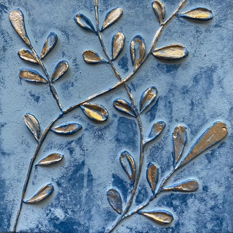 Painting Petites fougères dorées sur fond bleu 3 by Trébucq Marion  | Painting Figurative Nature Acrylic Pigments