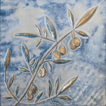 Painting Branche d'olivier sur fond bleu by Trébucq Marion  | Painting Figurative Acrylic, Pigments Nature, Pop icons