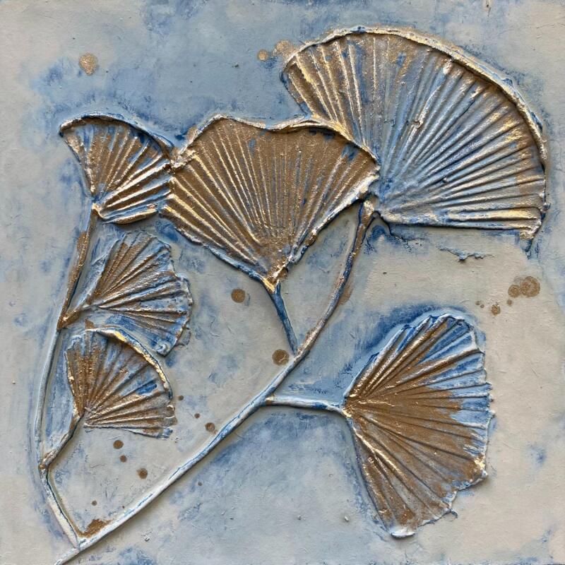 Painting Feuilles de ginkgo dorées et bleues sur fond beige by Trébucq Marion  | Painting Figurative Nature Acrylic Pigments