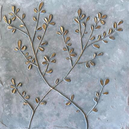 Peinture Petites feuilles dorées sur fond vert clair par Trébucq Marion  | Tableau Figuratif Acrylique, Bois, Pigments Nature