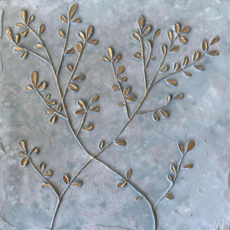 Peinture Petites feuilles dorées sur fond vert clair par Trébucq Marion  | Tableau Figuratif Nature Bois Acrylique Pigments