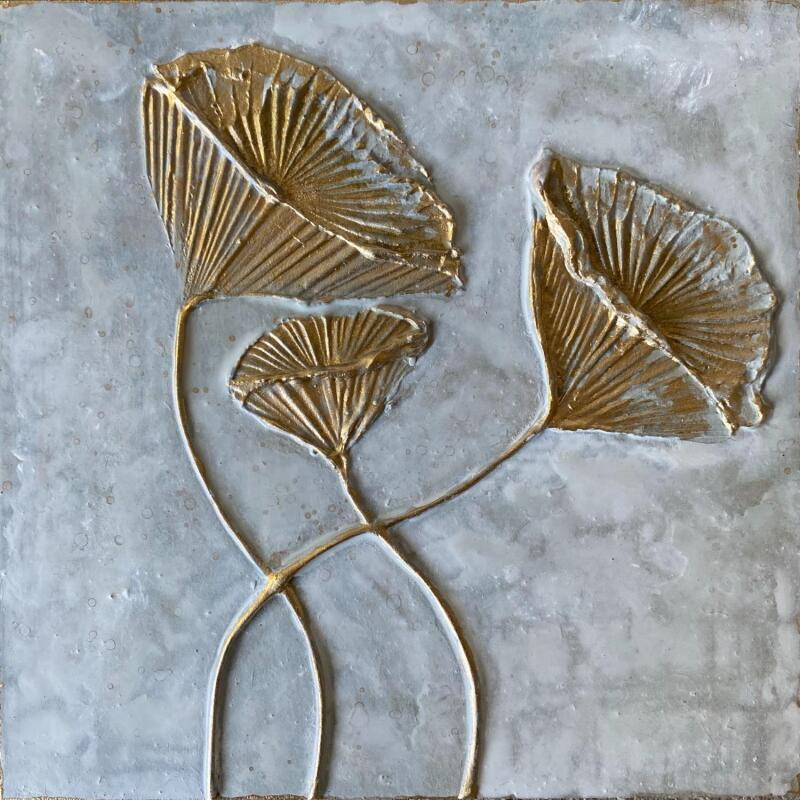 Pintura Trois fleurs dorées sur fond clair por Trébucq Marion  | Pintura Figurativo Naturaleza Acrílico Pigmentos