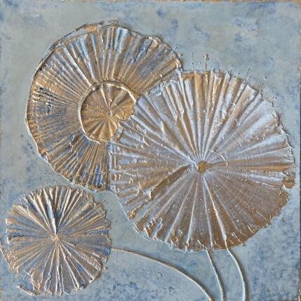 Painting Trois grandes fleurs dorées et bleues by Trébucq Marion  | Painting Figurative Acrylic, Pigments Nature