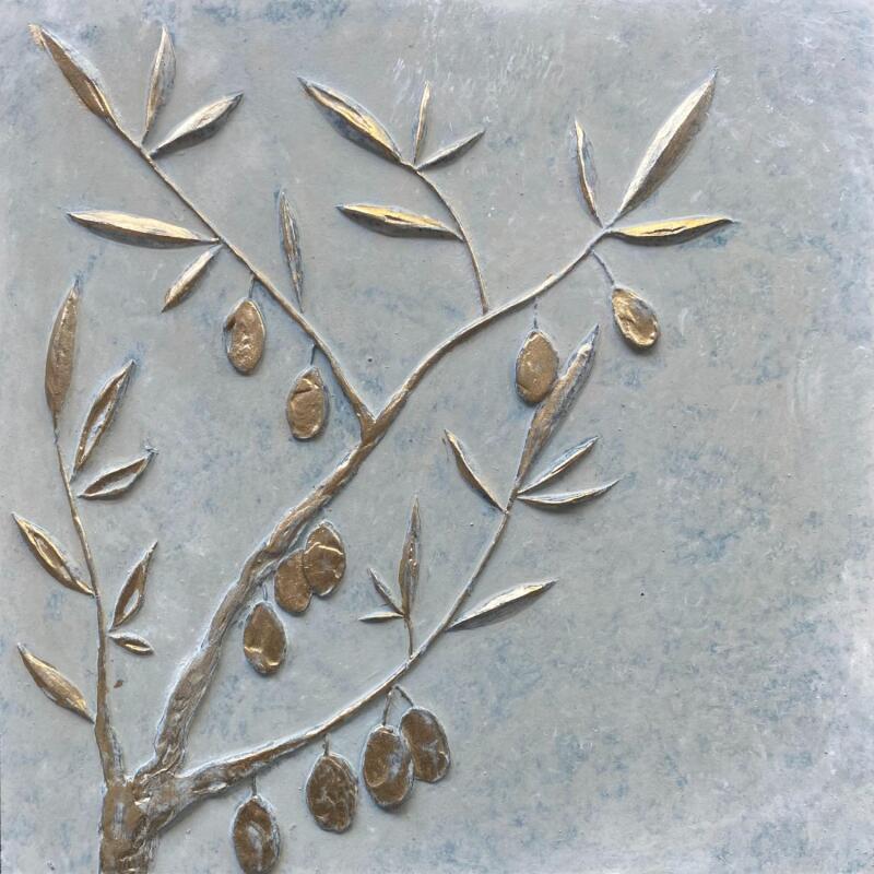 Peinture Branches d'olivier dorées sur fond clair par Trébucq Marion  | Tableau Figuratif Nature Acrylique Pigments