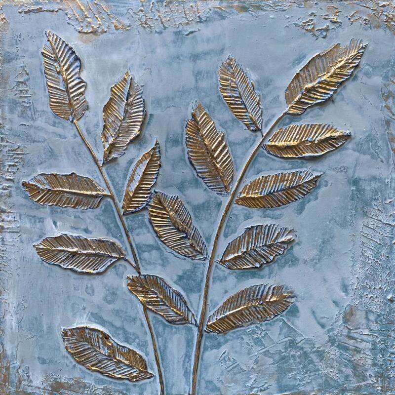 Gemälde Branches et feuilles dorées sur fond vert et gris von Trébucq Marion  | Gemälde Figurativ Natur Acryl Pigmente