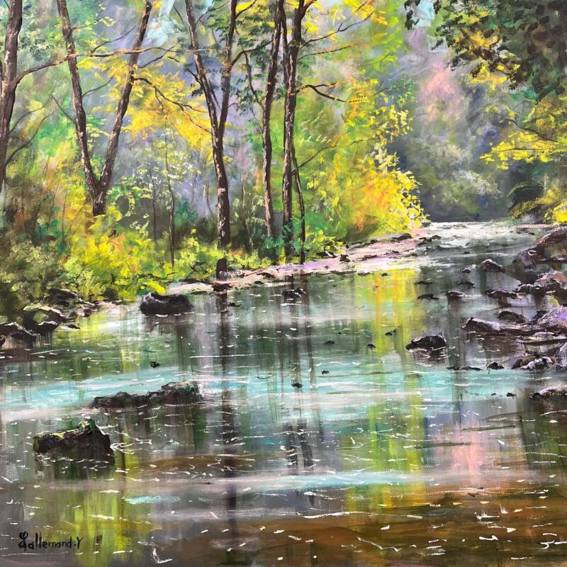 Peinture lumière en sous bois par Lallemand Yves | Tableau Figuratif Paysages Urbain Acrylique