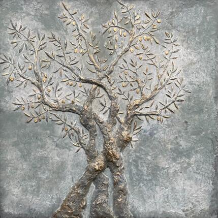 Painting Olivier à trois troncs entrelacés sur fond vert de gris by Trébucq Marion  | Painting Figurative Acrylic, Pigments Nature