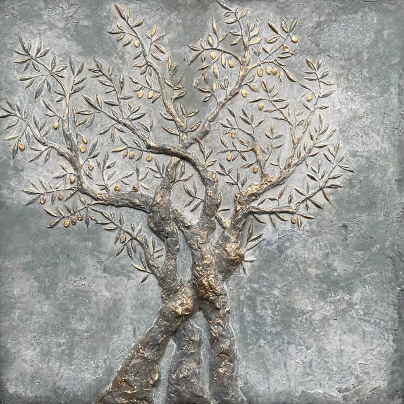 Peinture Olivier à trois troncs entrelacés sur fond vert de gris par Trébucq Marion  | Tableau Figuratif Nature Acrylique Pigments