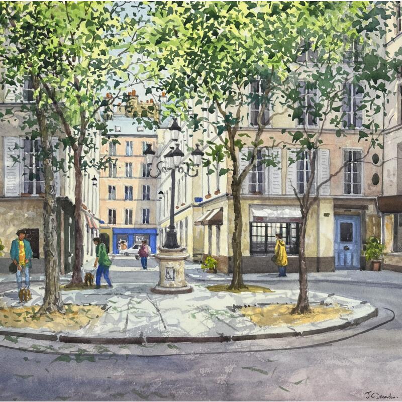 Peinture La Place Furstenberg après la pluie par Decoudun Jean charles | Tableau Figuratif Urbain Aquarelle