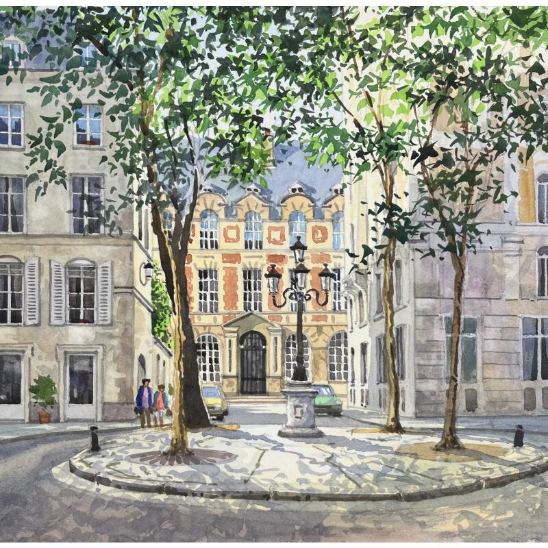 Painting La Place Furstenberg sous le soleil by Decoudun Jean charles | Painting Figurative Urban Watercolor