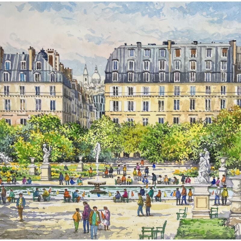 Gemälde Sacré-Coeur au Jardin du Luxembourg von Decoudun Jean charles | Gemälde Figurativ Urban Aquarell