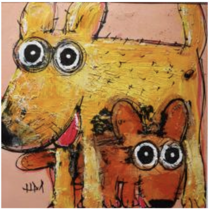 Peinture Chien jaune par Maury Hervé | Tableau Art Singulier Acrylique, Encre, Pigments, Sable Animaux