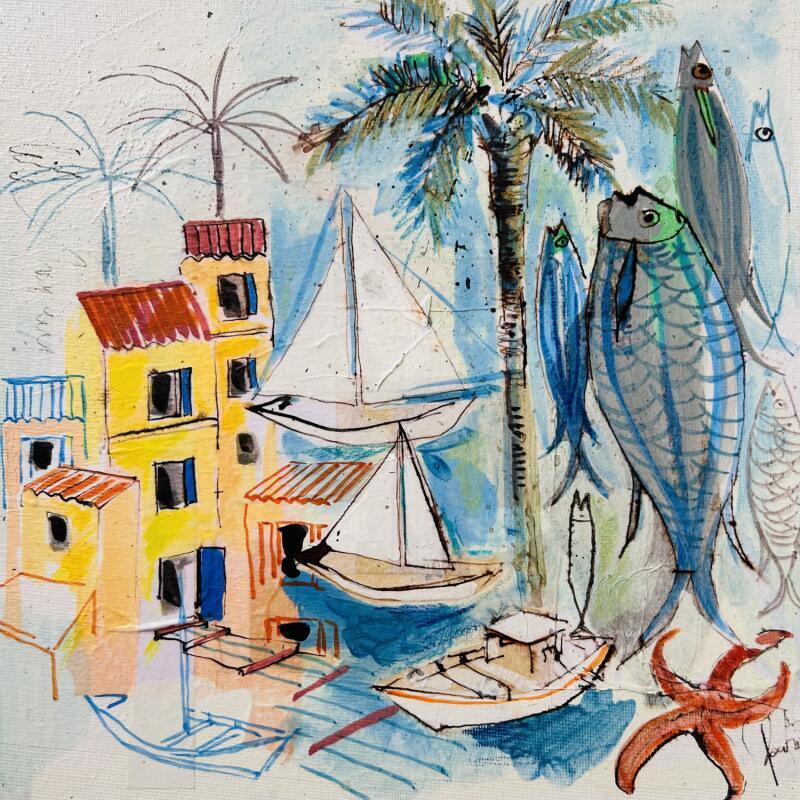 Painting Le bal des poissons by Colombo Cécile | Painting Naive art Landscapes Life style Watercolor Acrylic Gluing Ink Pastel