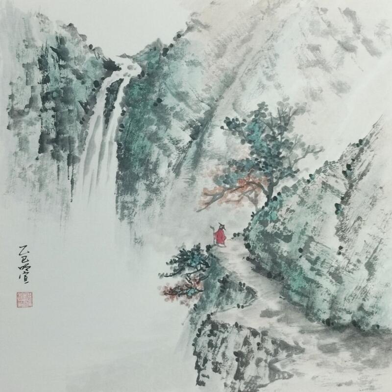 Painting Waterfall in valley by Du Mingxuan | Painting Figurative Landscapes Watercolor Ink