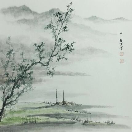 Painting Early spring lake by Du Mingxuan | Painting Figurative Ink, Watercolor Landscapes