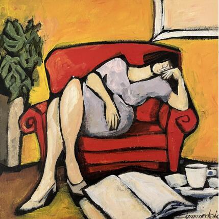 Peinture La lecture par Signamarcheix Bernard | Tableau Art naïf Acrylique, Encre, Pastel