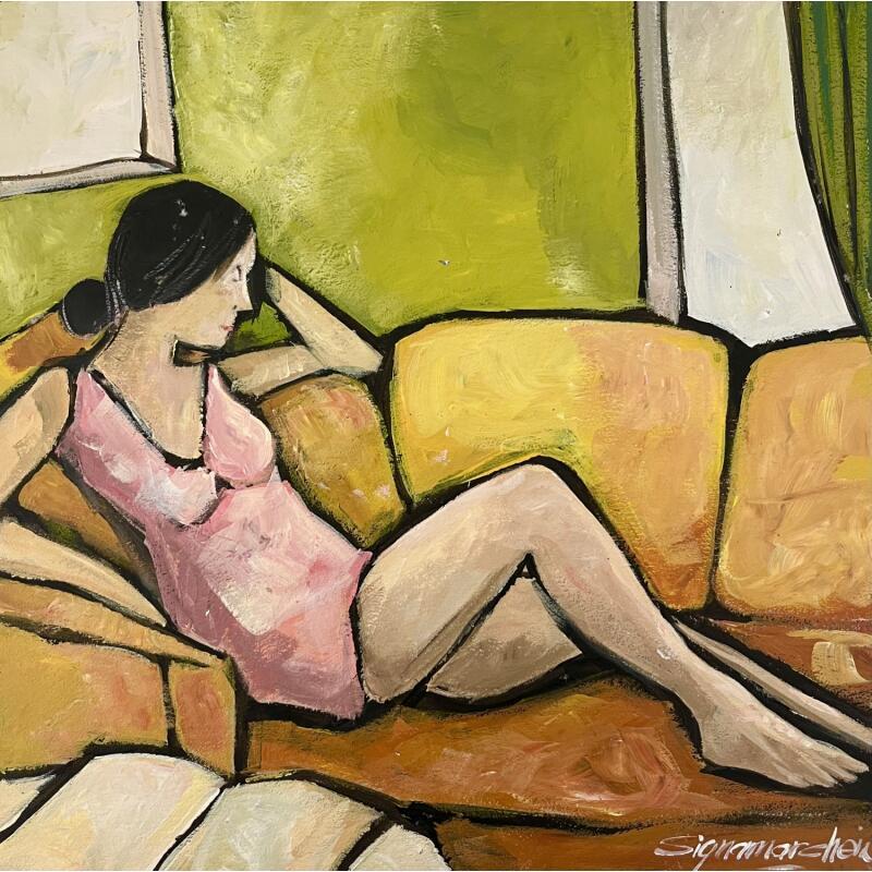 Peinture Réflexion sur canapé par Signamarcheix Bernard | Tableau Art naïf Acrylique Encre Pastel