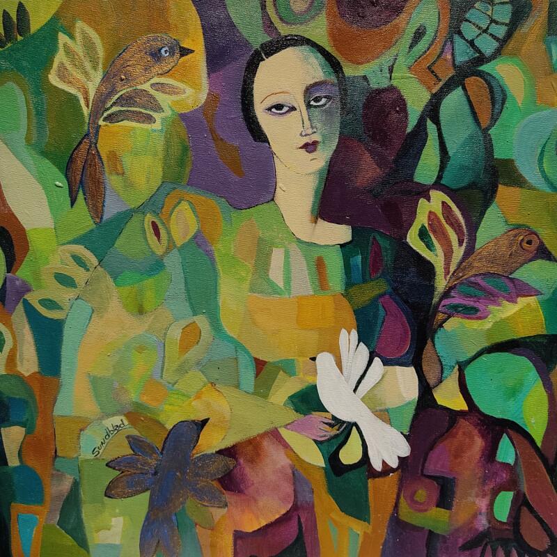 Painting The lady of the birds by Sundblad Silvina | Painting Naive art Acrylic Pastel