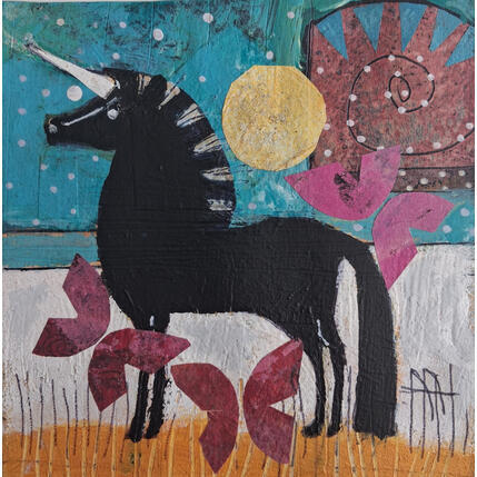 Gemälde Unicornio Negro von Arias Parera Almudena | Gemälde Naive Kunst Acryl, Collage