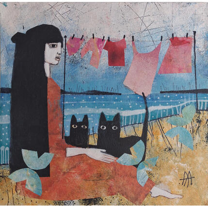 Gemälde Sanyasi con sus gatos von Arias Parera Almudena | Gemälde Naive Kunst Acryl, Collage