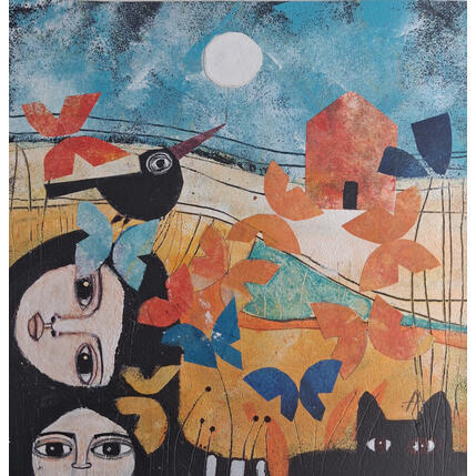 Gemälde Jugando al escondite von Arias Parera Almudena | Gemälde Naive Kunst Acryl, Collage