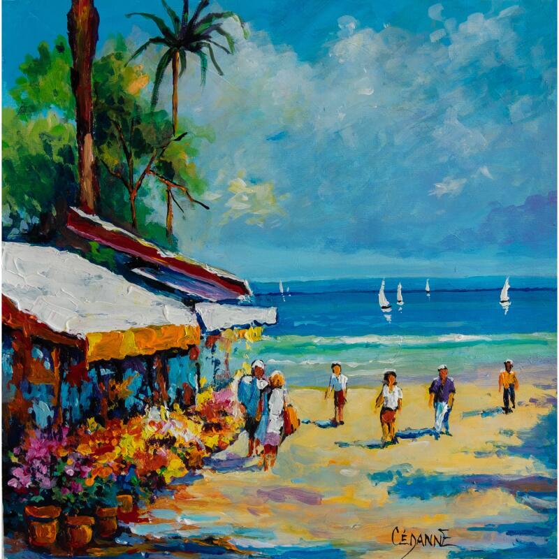 Pintura Marché aux fleurs sur la plage por Cédanne | Pintura Figurativo Paisajes Life style Aceite Acrílico