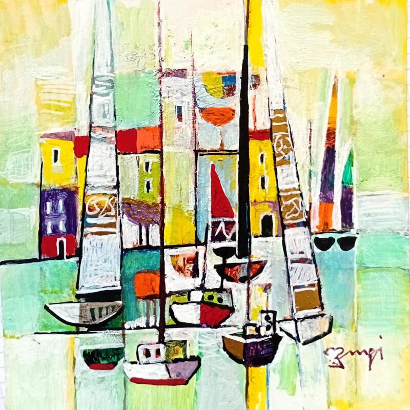 Painting AR95 LES VOILIERS by Burgi Roger | Painting Figurative Landscapes Urban Marine Acrylic