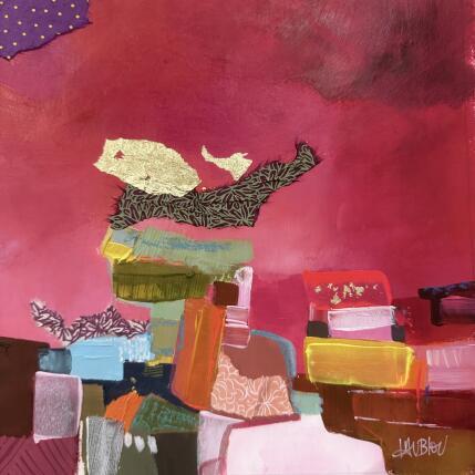 Painting L'envol des feuilles by Lau Blou | Painting Abstract Acrylic, Cardboard, Gluing, Gold leaf, Pastel Pop icons