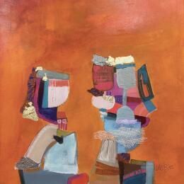 Painting L'amoureuse du serveur by Lau Blou | Painting Abstract Acrylic, Gluing, Gold leaf, Pastel