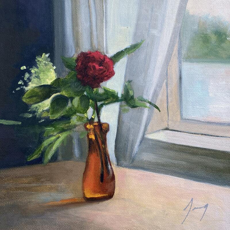Peinture Rose dans son vase par Jung François | Tableau Figuratif Natures mortes Huile