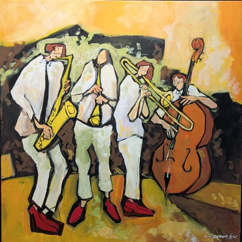 Pintura Quartet aux souliers rouges por Signamarcheix Bernard | Pintura Arte naïf Acrílico Ink Pastel