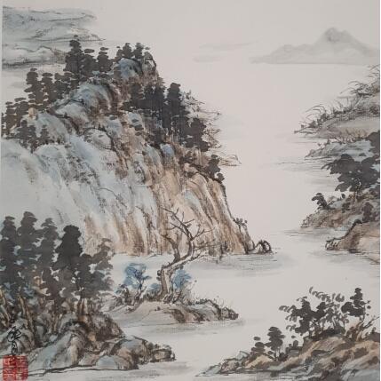 Peinture Lake Mountains par Yu Huan Huan | Tableau Figuratif Encre Nature
