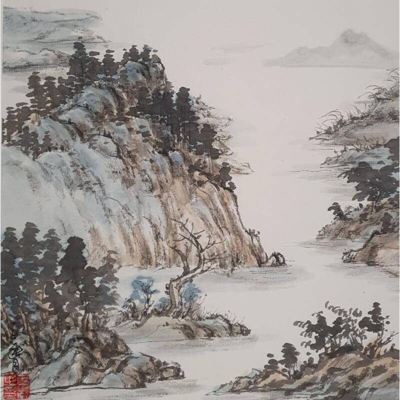 Peinture Lake Mountains par Yu Huan Huan | Tableau Figuratif Nature Encre