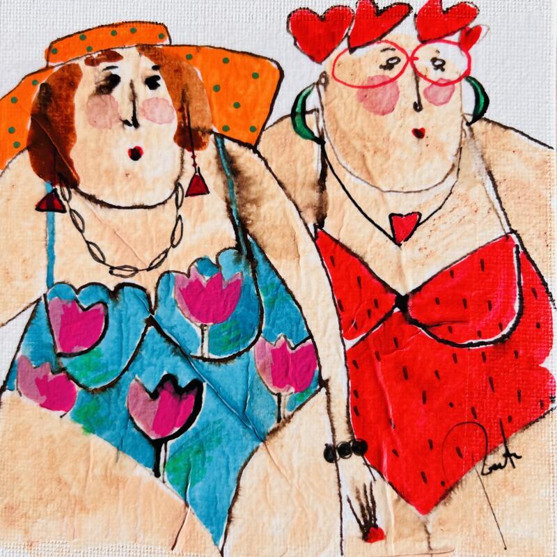 Painting Mylène et Annie by Colombo Cécile | Painting Naive art Portrait Watercolor Acrylic Gluing Ink Pastel