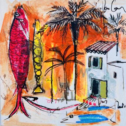 Peinture Soleil rouge par Colombo Cécile | Tableau Art naïf Acrylique, Collage, Encre, Pastel Paysages, Scènes de vie