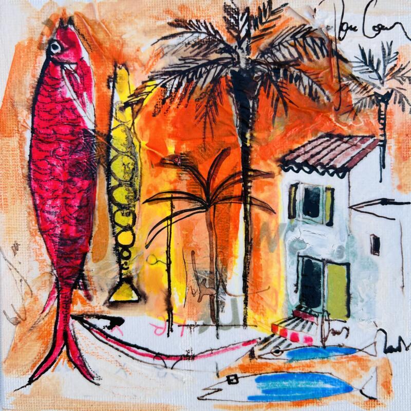 Peinture Soleil rouge par Colombo Cécile | Tableau Art naïf Paysages Scènes de vie Acrylique Collage Encre Pastel